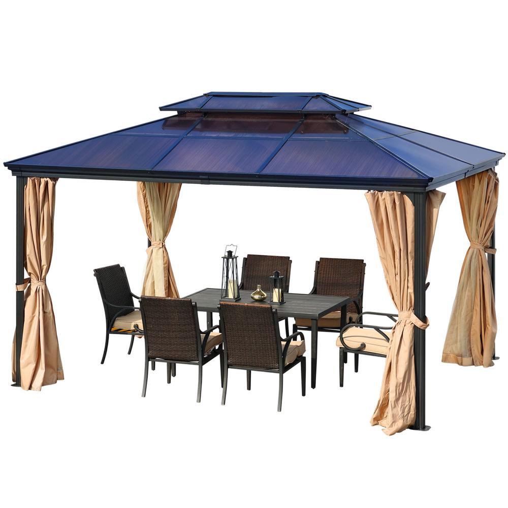 Aoodor 13 x 10 ft. Outdoor Aluminum Frame 2-Tier Polycarbonate Roof Gazebo, with Mosquito Netting and Curtains- Black