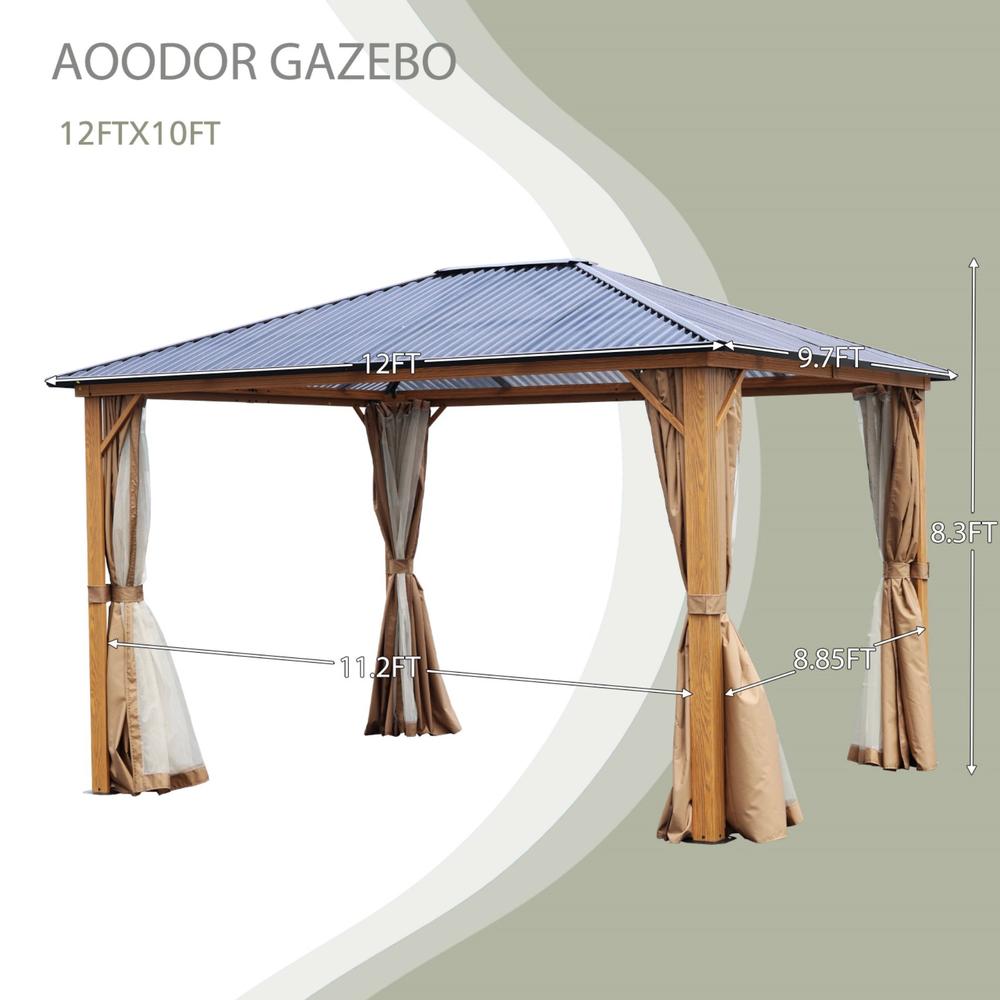 Aoodor 12 x10 ft. Wooden Finish Coated Aluminum Frame Gazebo with Polycarbonate Roof, Outdoor Gazebos with Curtains and Nettings