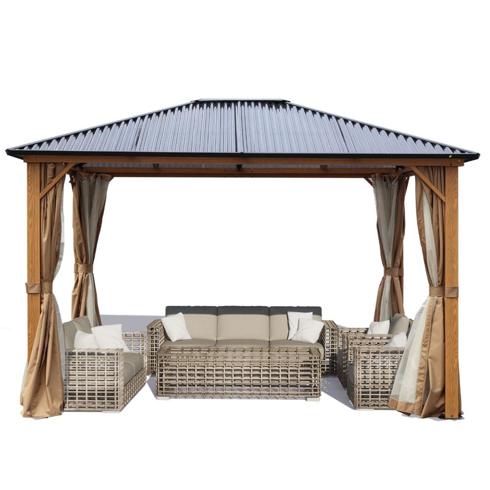 Aoodor 12 x10 ft. Wooden Finish Coated Aluminum Frame Gazebo with Polycarbonate Roof, Outdoor Gazebos with Curtains and Nettings