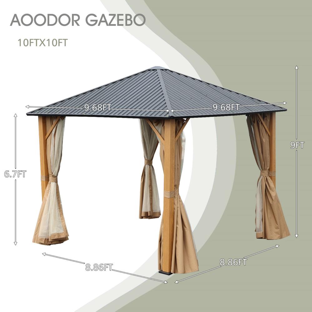 Aoodor 10 x 10 ft. Wooden Finish Coated Aluminum Frame Gazebo with Hardtop Roof, Outdoor Gazebos with Curtains and Nettings