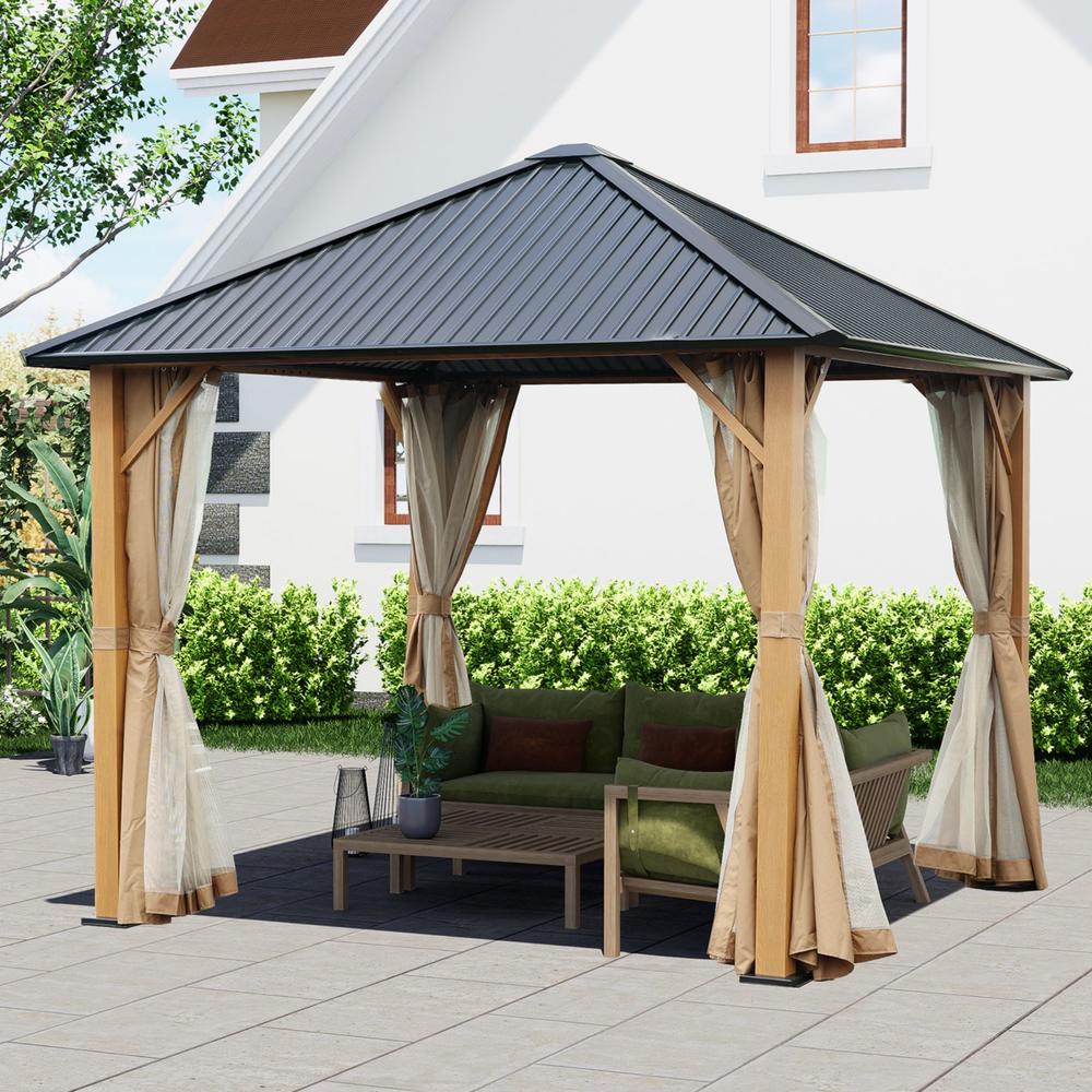 Aoodor 10 x 10 ft. Wooden Finish Coated Aluminum Frame Gazebo with Hardtop Roof, Outdoor Gazebos with Curtains and Nettings