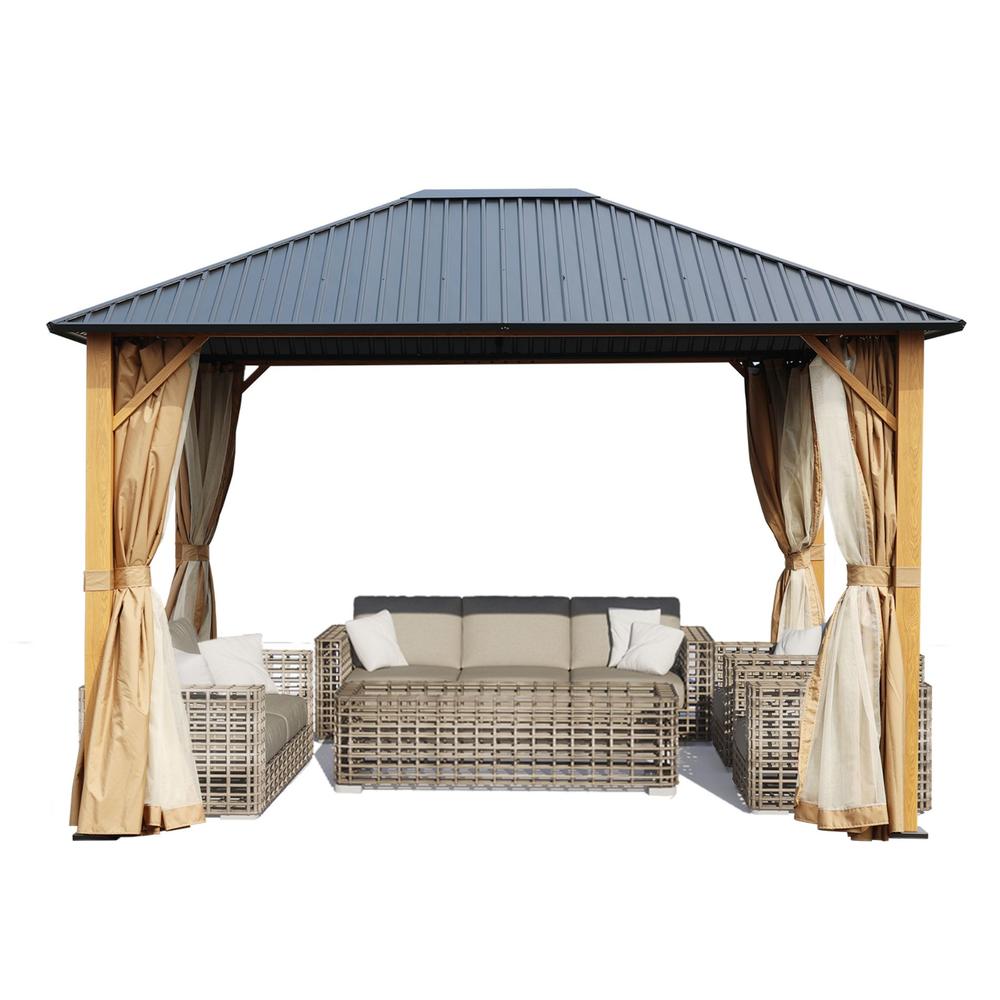 Aoodor 12 x 10 ft. Wooden Finish Coated Aluminum Frame Gazebo with Hardtop Roof, Outdoor Gazebos with Curtains and Nettings