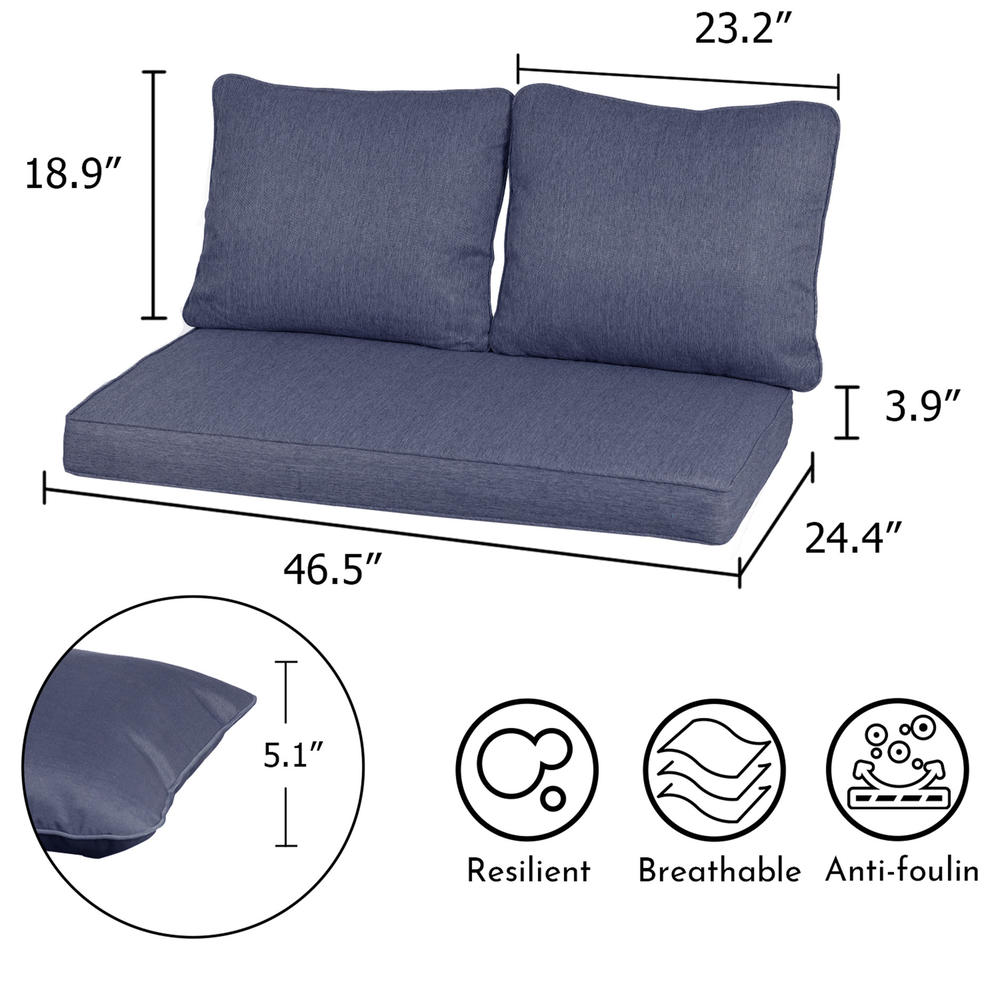 Aoodor Loveseat Cushions Set 46.5"x24.4"x3.9" Deep Seating Bench Chair Cushions with Back Pillows, Seat Cushion  - 3 Piece Set