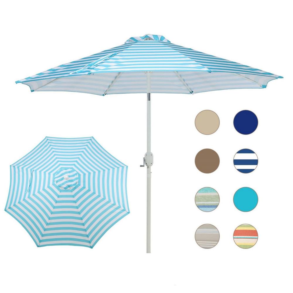 Aoodor 9FT Outdoor Patio Market Striped Umbrella Aluminum Frame  - Light Blue and White