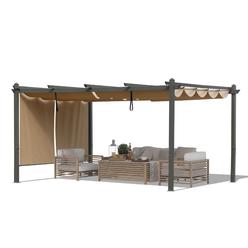 Aoodor 12 x 14 FT Outdoor Pergola with Retractable Shade Canopy, Dark Gray Matte Aluminum Frame- Khaki