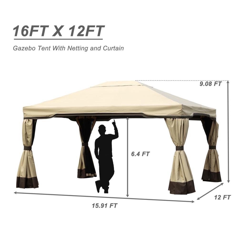 Aoodor 16 x 12 ft. Outdoor Gazebo Tent Canopy Shelter, Aluminum Frame with Privacy Curtain and Netting -  Brown