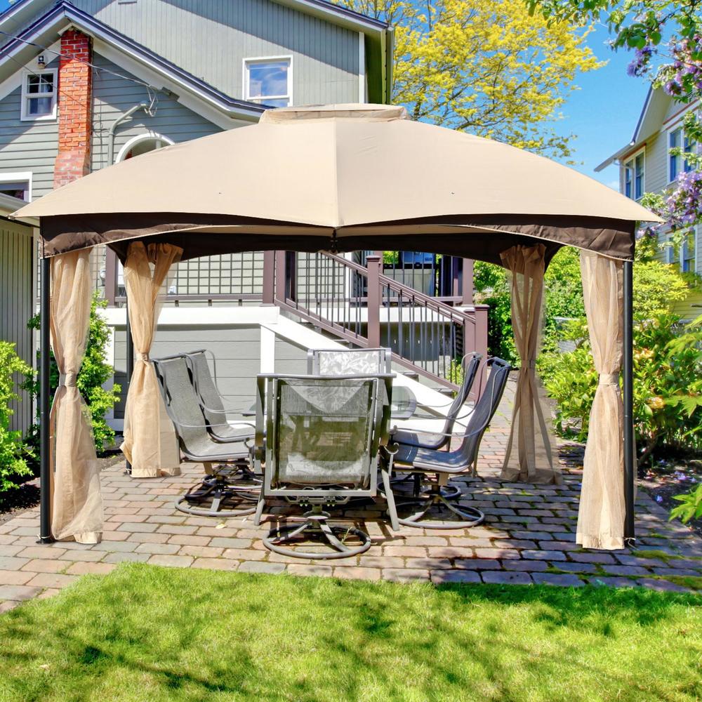 Aoodor 10 x 12 ft. Outdoor Metal Frame Canopy Top Gazebo with Mosquito Netting, Suitable for Patios, Garden and Backyard - Khaki
