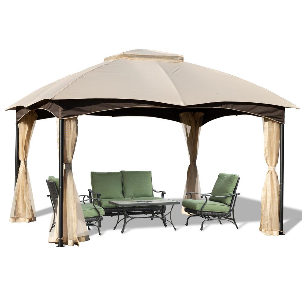 Aoodor 10 x 12 ft. Outdoor Metal Frame Canopy Top Gazebo with Mosquito Netting, Suitable for Patios, Garden and Backyard - Khaki