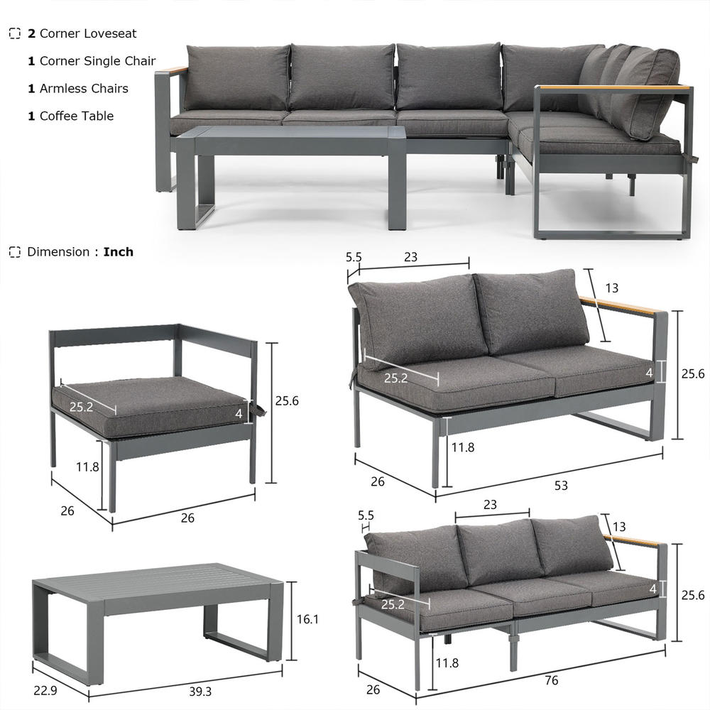 Aoodor 5 Pieces Aluminum Sectional Patio Furniture Set - Modern Outdoor Metal Sofa with Thick Cushions
