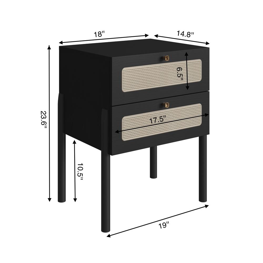 KybeleDecor Boho Nightstand  End Table Storage Wood Leg Rattan 2 Drawer Nero Black