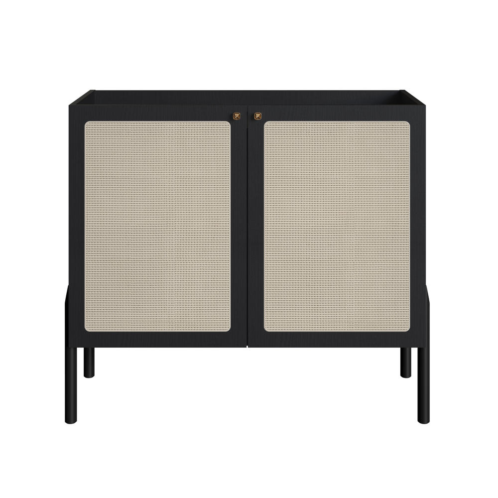 KybeleDecor Boho Bar Cabinet  Wood Leg 2 Rattan Accent  Door Sideboard  -Nero Black