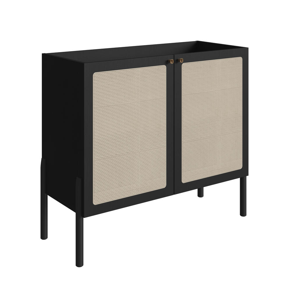 KybeleDecor Boho Bar Cabinet  Wood Leg 2 Rattan Accent  Door Sideboard  -Nero Black