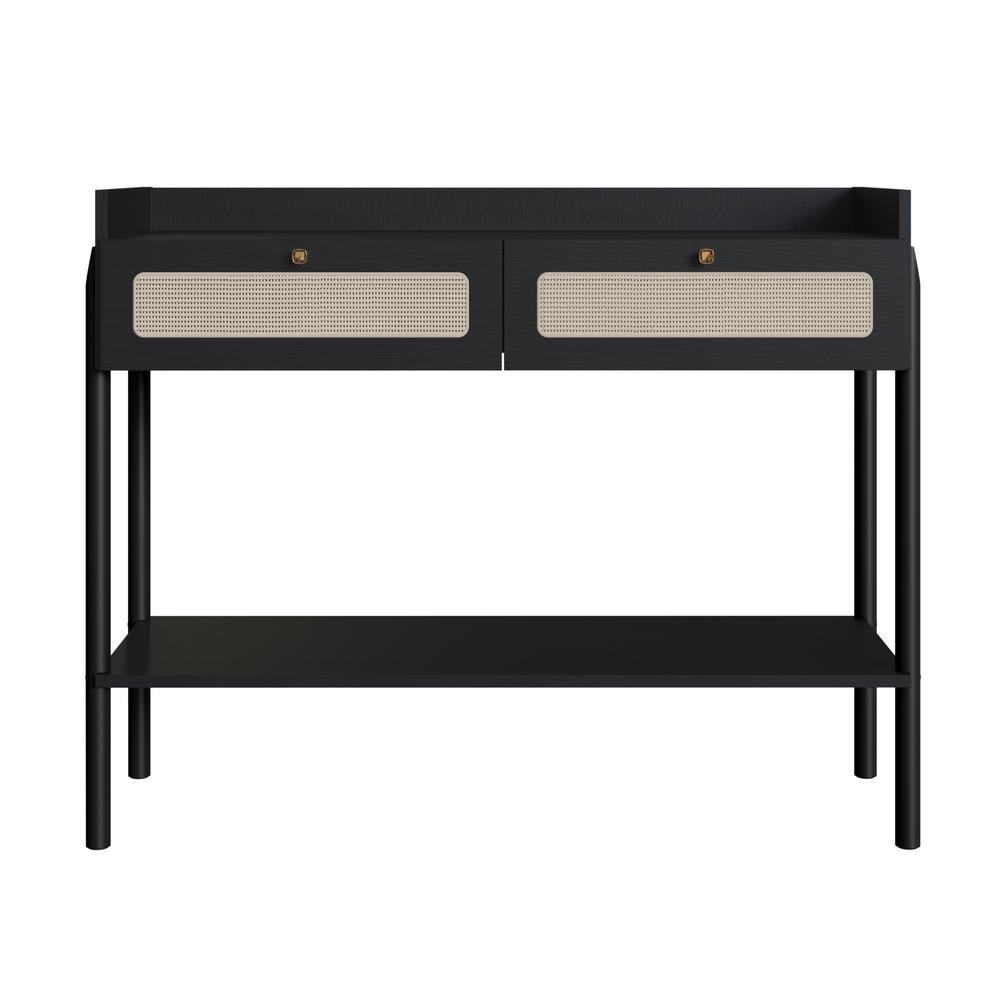 KybeleDecor Boho Console  Entry Table Wood Legs and Rattan 2-Drawer - Nero Black