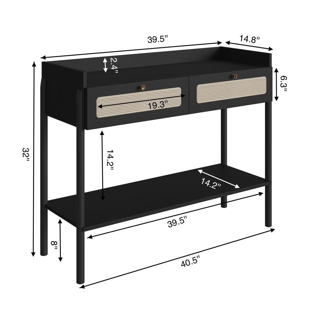 KybeleDecor Boho Console  Entry Table Wood Legs and Rattan 2-Drawer - Nero Black