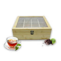 DE'VELO Tea Box Organizer, Premium Bamboo Tea Bag Storage Box with 12 Compartments, Storage Bin for Kitchen Cabinets, Countertop