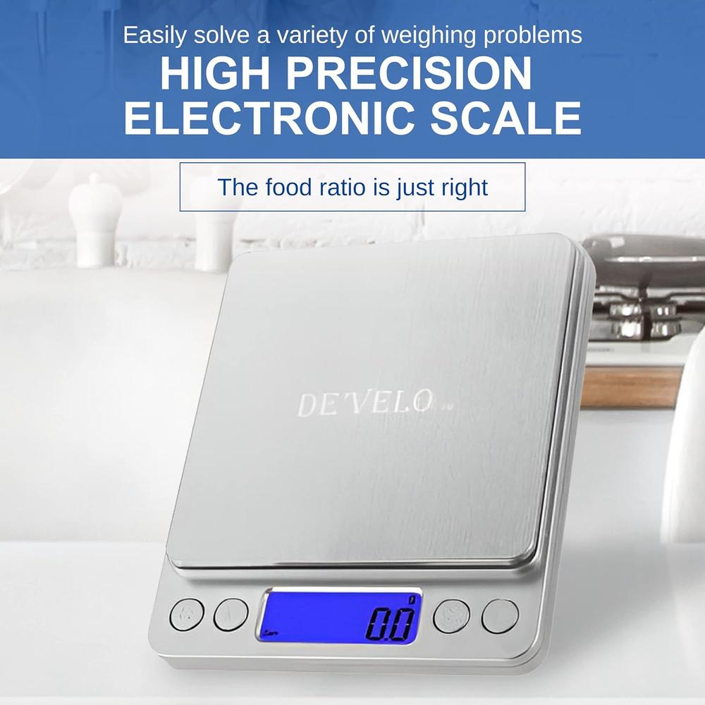 DE'VELO 3kg Kitchen Scale - Weight in Grams, Ounces, Milliliters, and Pounds - for Meal Prep, Cooking, Baking & Jewelry