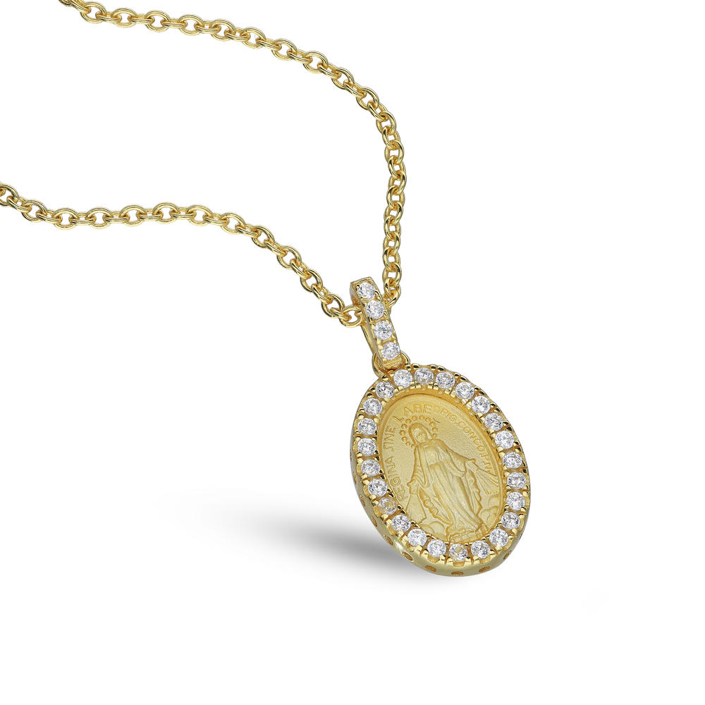 LittleGoldDaisy Miraculous Medal CZ Oval Pendent Necklace 18K Gold Plated 925 Silver