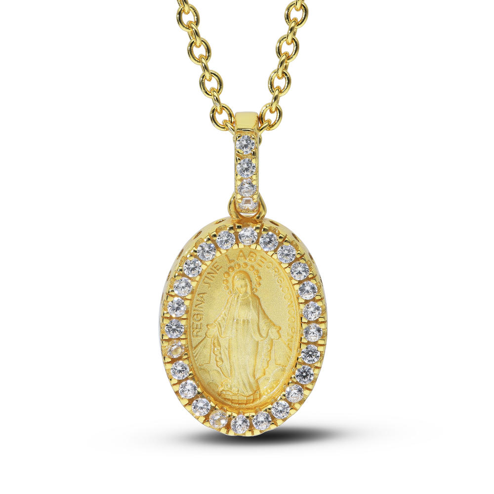 LittleGoldDaisy Miraculous Medal CZ Oval Pendent Necklace 18K Gold Plated 925 Silver