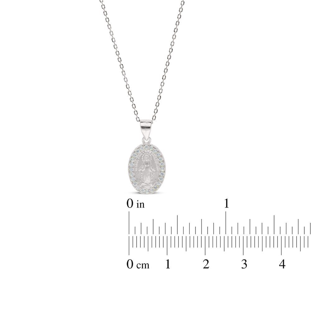 LittleGoldDaisy Miraculous Medal CZ Oval Pendent Necklace in Sterling Silver 925
