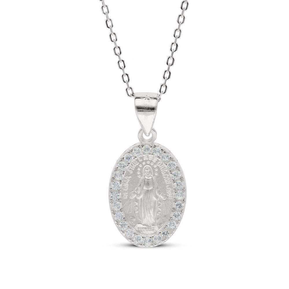 LittleGoldDaisy Miraculous Medal CZ Oval Pendent Necklace in Sterling Silver 925