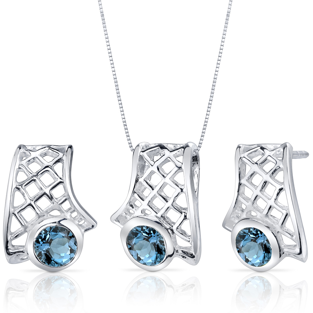 Peora London Blue Topaz Pendant Earrings Set Sterling Silver Round Shape 1.50 Carats Peora London Blue Topaz Pendant Earrings Set Sterling Silver Round Shape 1.50 Carats