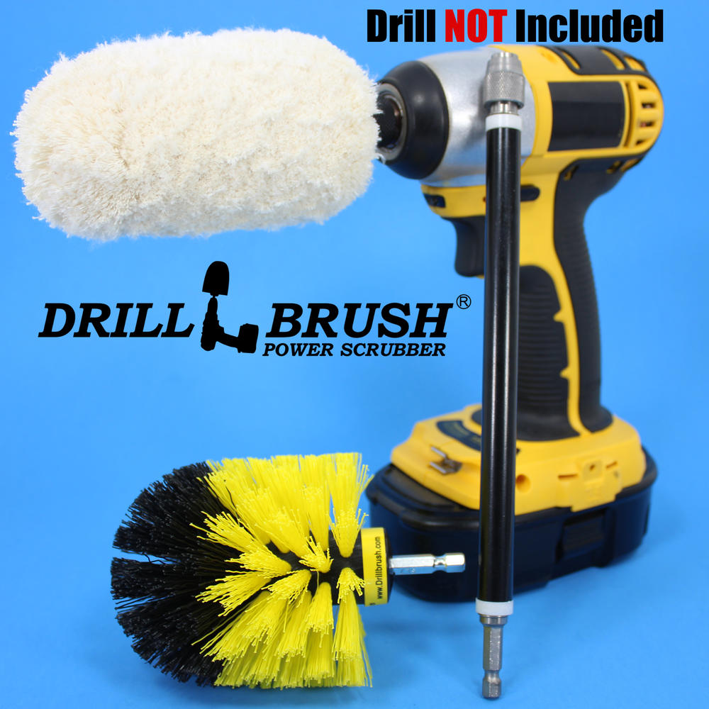 Drillbrush Soft Cotton Buffer and Scrub Brush 3 Piece Drill Powered Quick Change Detailing Kit with Long Reach Extension