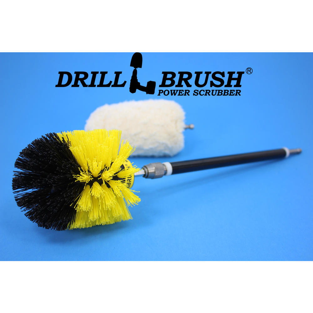 Drillbrush Soft Cotton Buffer and Scrub Brush 3 Piece Drill Powered Quick Change Detailing Kit with Long Reach Extension
