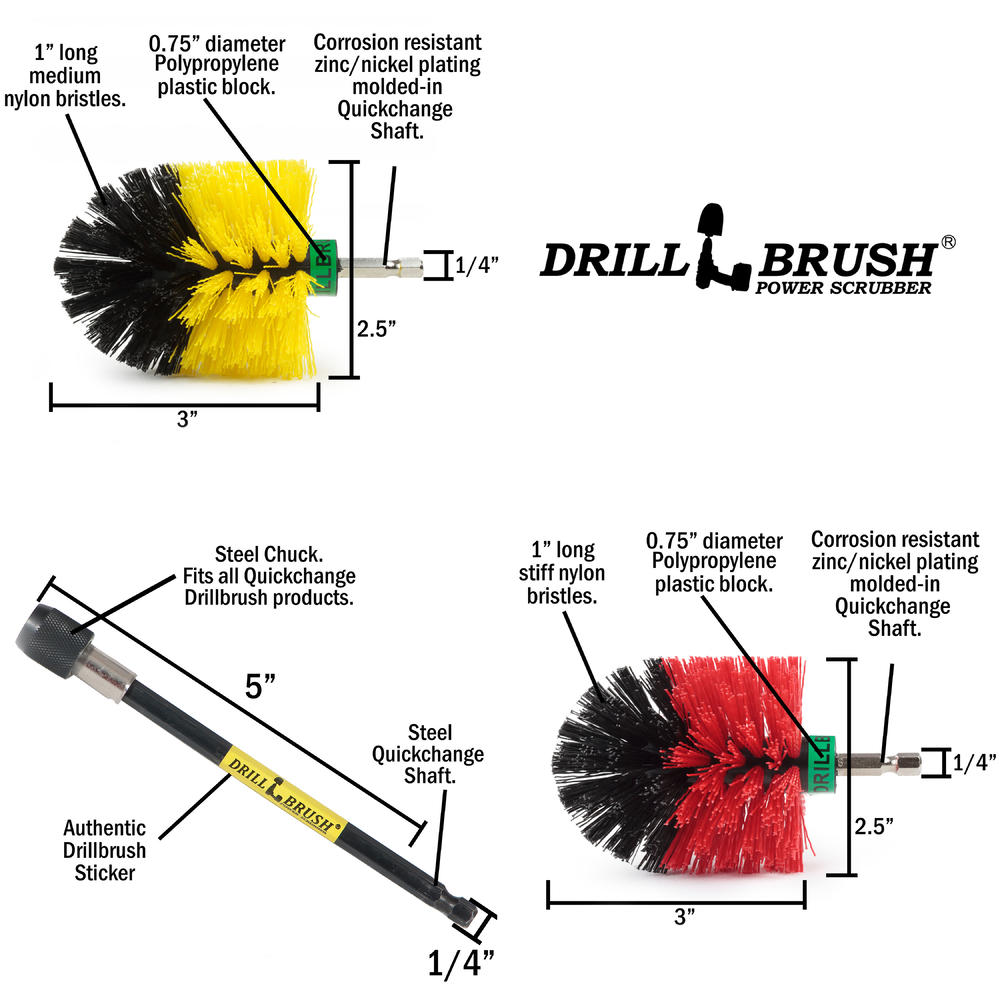 Drillbrush Mini Size Bathroom, Kitchen, and Garage Medium and Stiff Brushes with Extension
