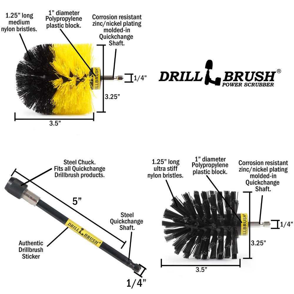 Drillbrush Drill Powered Nylon Bristle Cleaning Brushes with Sleeved Extension Kit