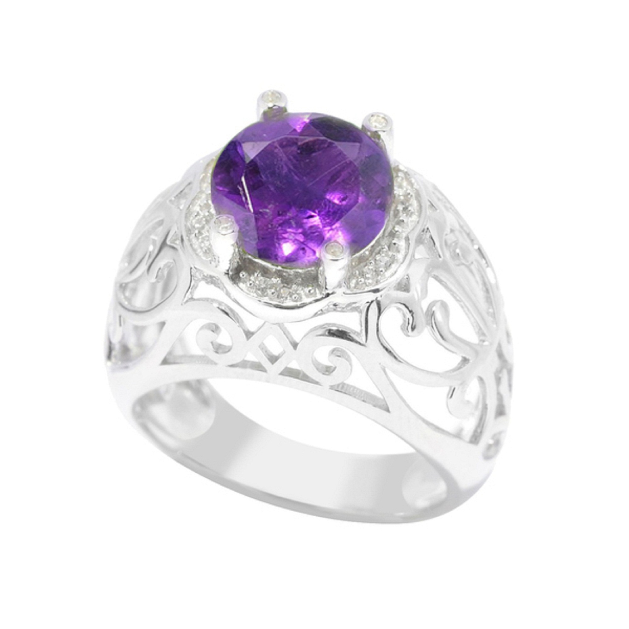 V3 Jewelry Sterling Silver 3.10ct Amethyst and White Zircon Halo Scrollwork Ring
