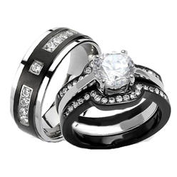 Edwin Earls His Hers 4 Piece Black Stainless Steel & Titanium Matching Wedding Band Ring Set