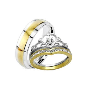 Edwin Earls His Hers 3 Piece Yellow Gold Ip Crown Stainless Steel Wedding Ring Set