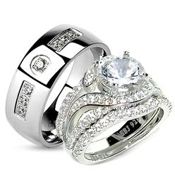 Edwin Earls His Her Sterling Silver Stainless Steel Halo Wedding Ring Set