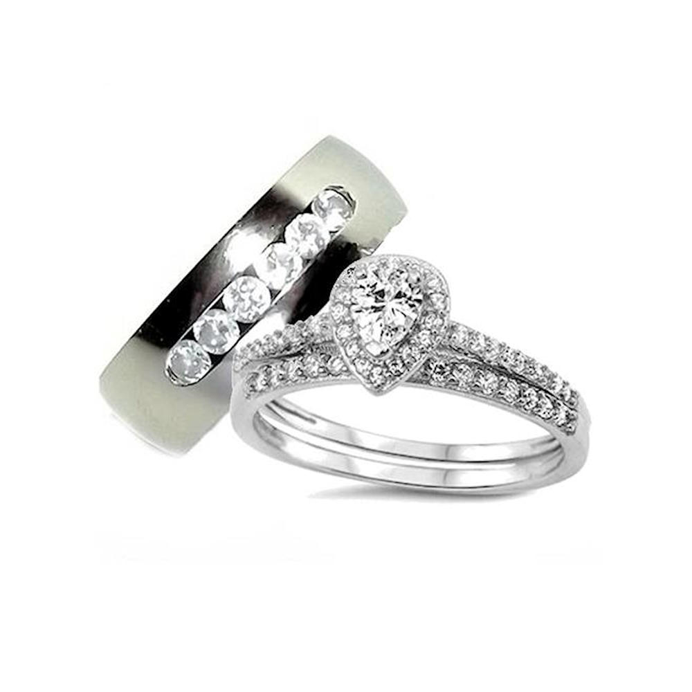 Edwin Earls His Her Wedding Ring Set Rhodium Sterling Silver Titanium Diamond Cz Wedding Rings