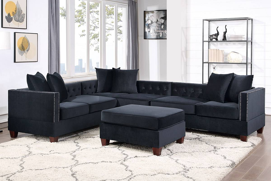 Hollywood Decor Aosta 4-Piece L Shape Sectional Set with Ottoman in Black Velvet