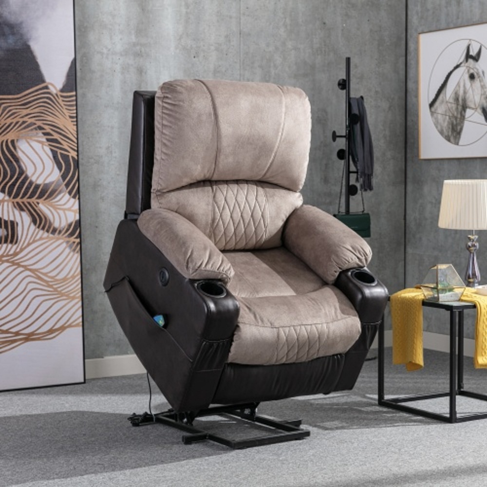 Hollywood Decor Power Lift Recliner Chair with Heated and Vibration Massage in Camel Breathable Leather