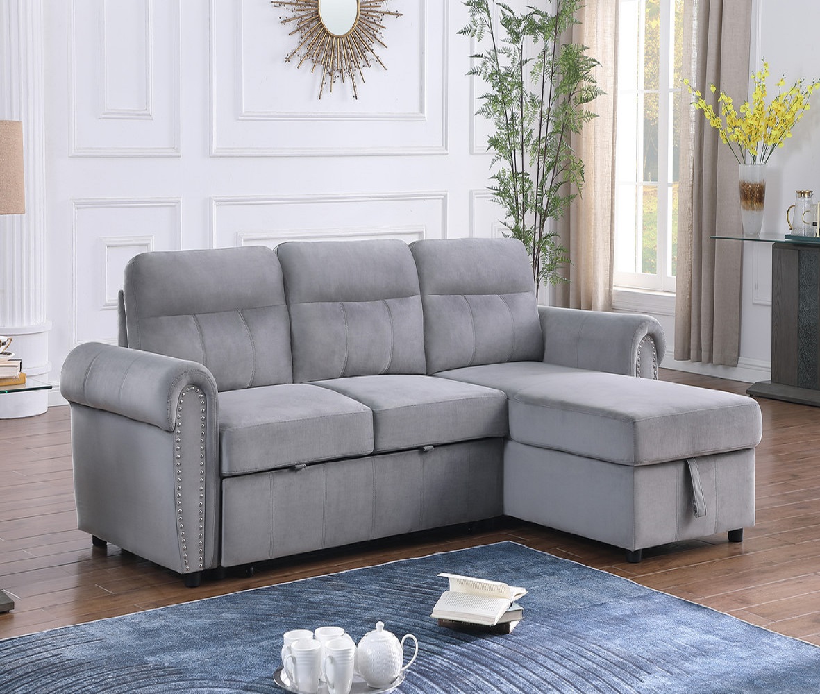 Hollywood Decor Cobh in Gray Fabric Contemporary Reversible Sleeper Sectional Sofa Chaise