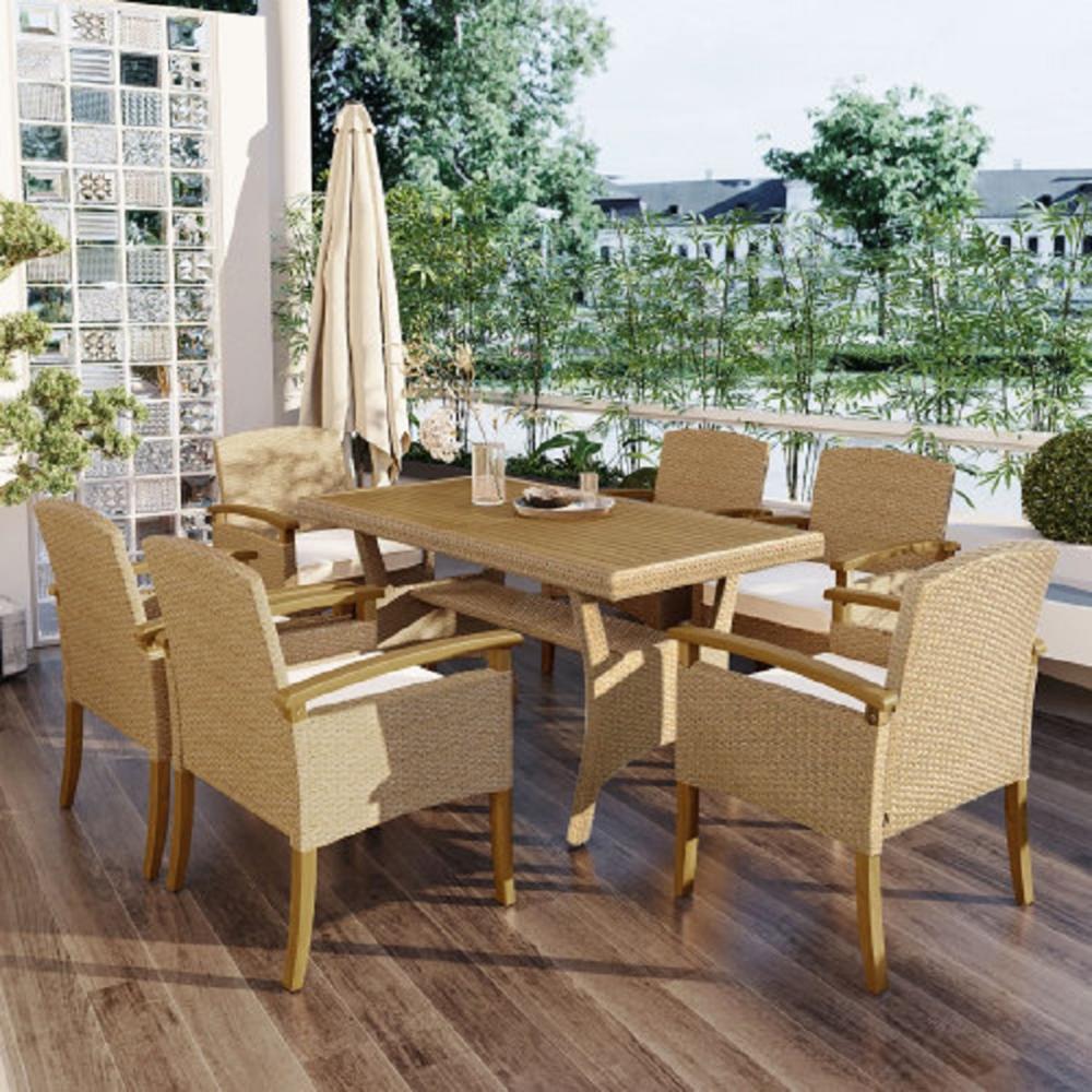 Hollywood Decor Dinant 7-Piece All-Weather PE Rattan Dining Set with Wood Tabletop and Cushions in White
