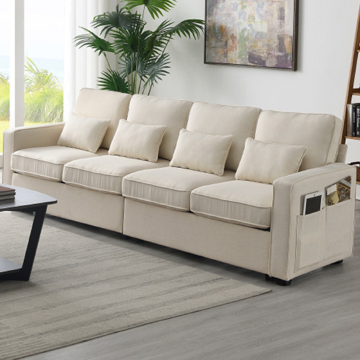 Hollywood Decor Sciacca 4-Seater  Minimalist Style Couch with Armrest Pockets and 4 Pillows in Beige Linen