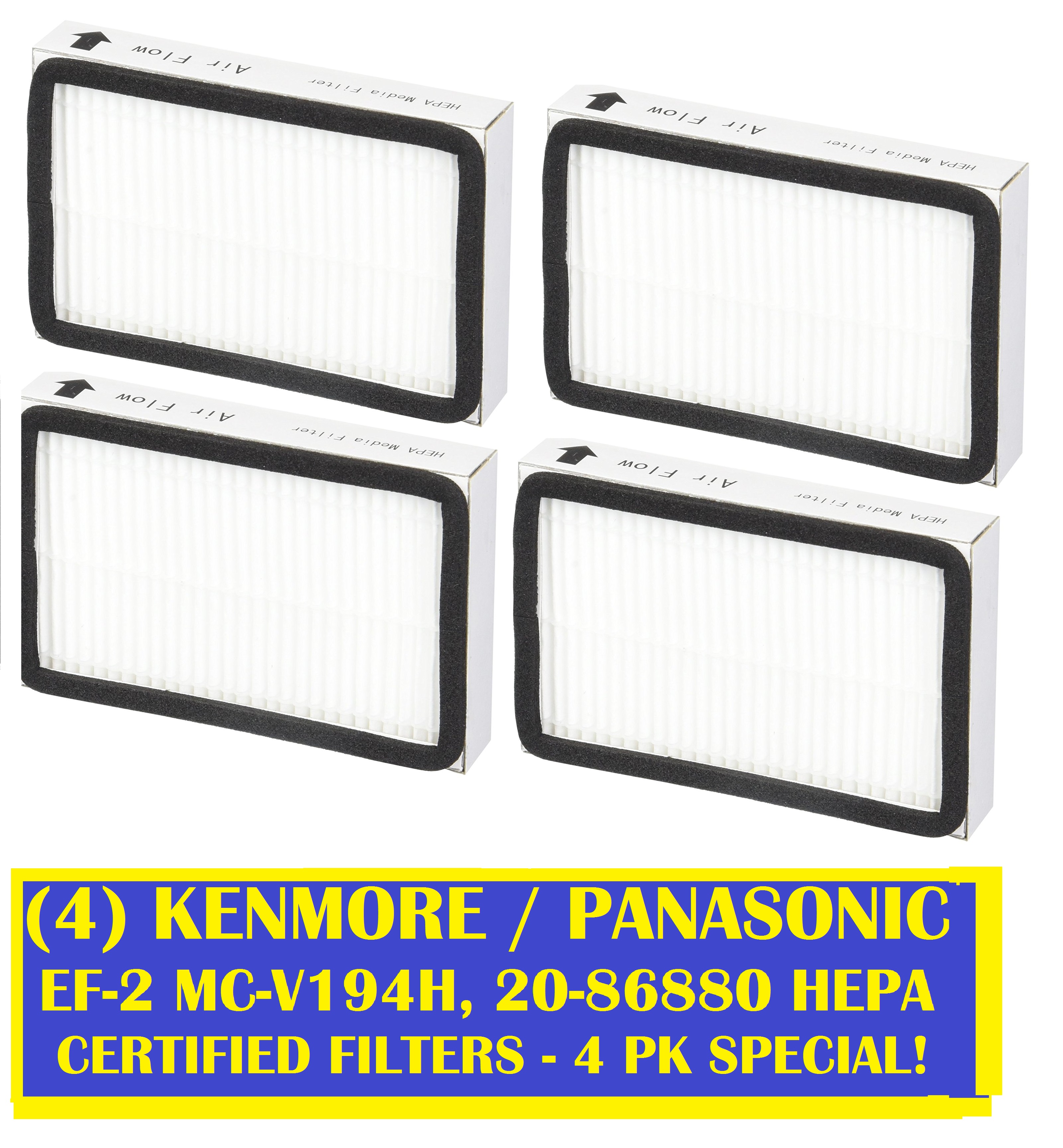 HQRP (4 Pack) For Panasonic EF2 HEPA Certified Exhaust Filter, Traps 99.97% of Allergens. Fits 50-86880, 86880 4 Filters