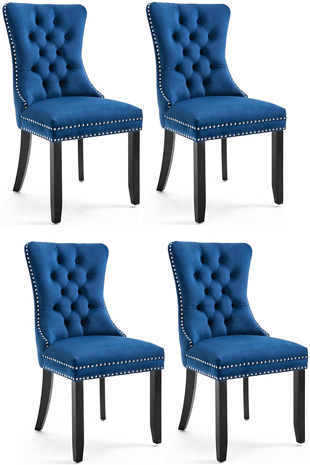 BTExpert High Back Velvet Navy Tufted Upholstered Dining Chairs, Set of 4, Solid Wood - Nail Trim, Ring