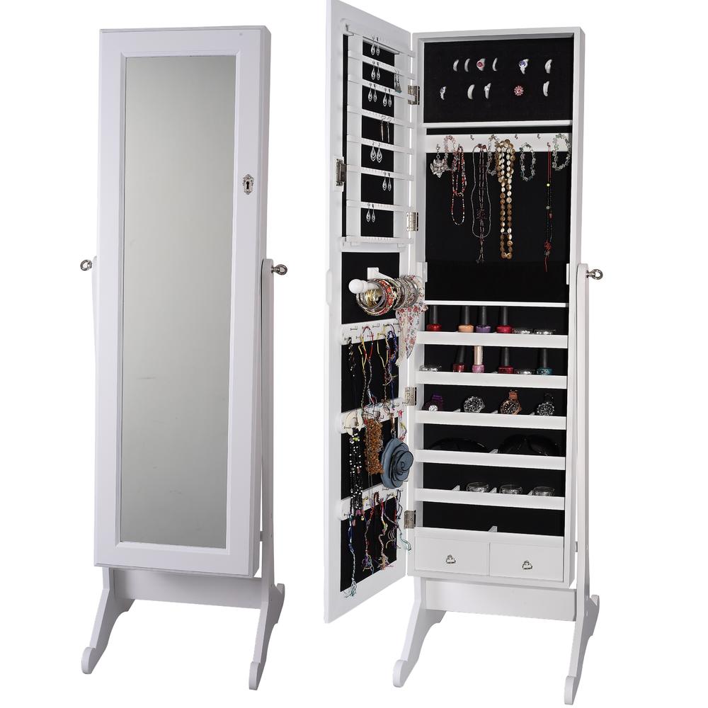 BTExpert Premium Cheval Mirror Jewelry Holder Armoire Cabinet Organizer Storage Box Case Safe Keeper Lock Standing White