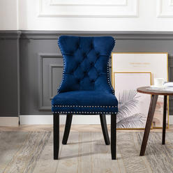 BTExpert High Back Velvet Navy Tufted Upholstered Dining Chairs, Set of 2, Solid Wood - Nail Trim, Ring