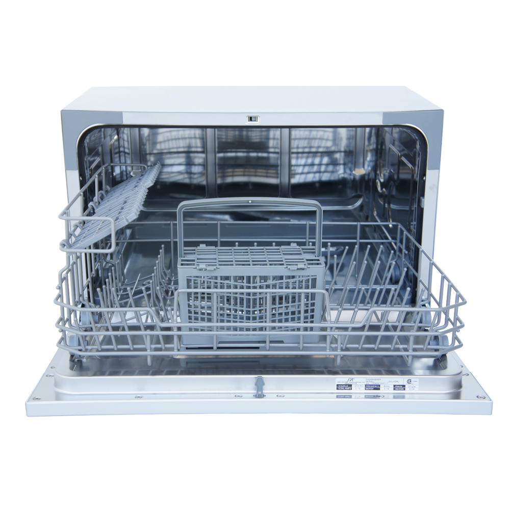 SPT Stainless Steel Interior and 6 Place Settings Rack Silverware Basket for Apartment Office And Home Kitchen, White