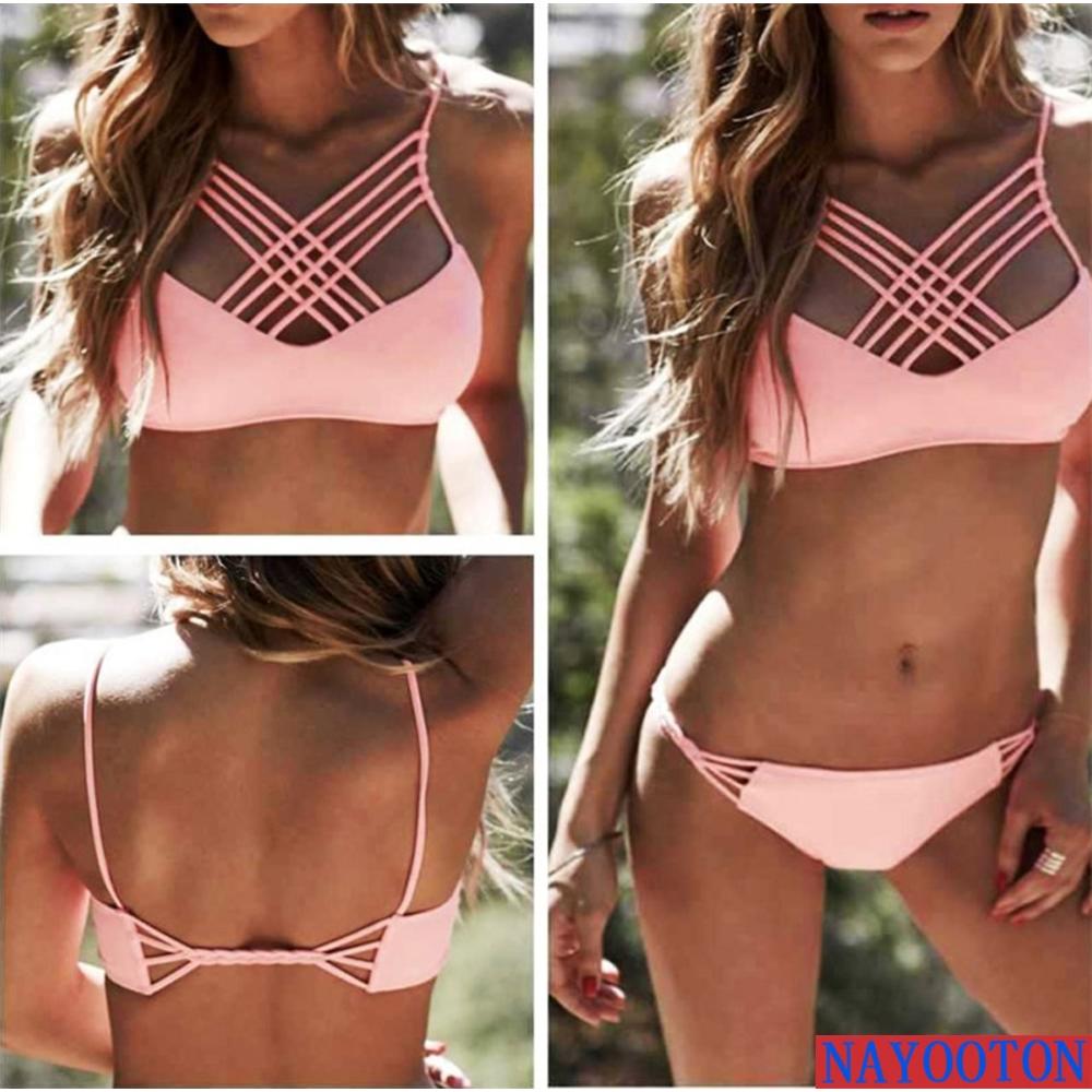 VIRTUAL STORE USA Two Piece swimsuit halter Bandage design Solid Pink Black bikinis swimwear Holiday women's swimming suit D025