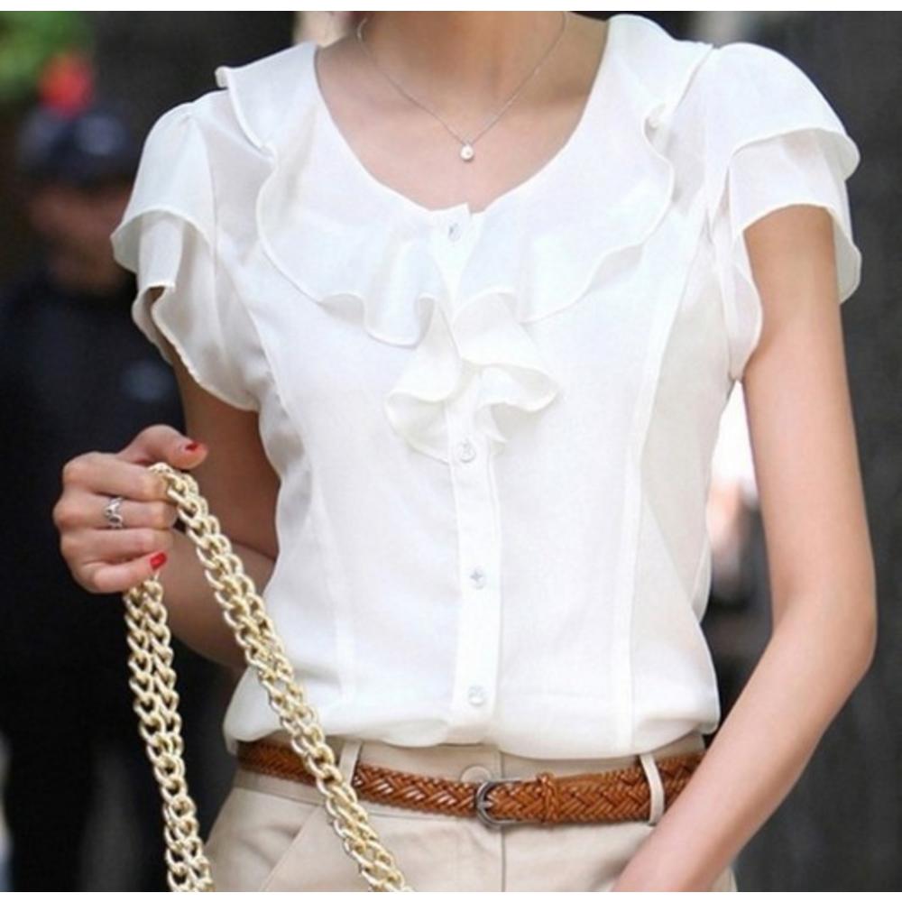 www.virtualstoreusa.com 5XL Plus Size New Summer Women Fashion Short Sleeve Ruffles Chiffon Solid White Tops Blusa