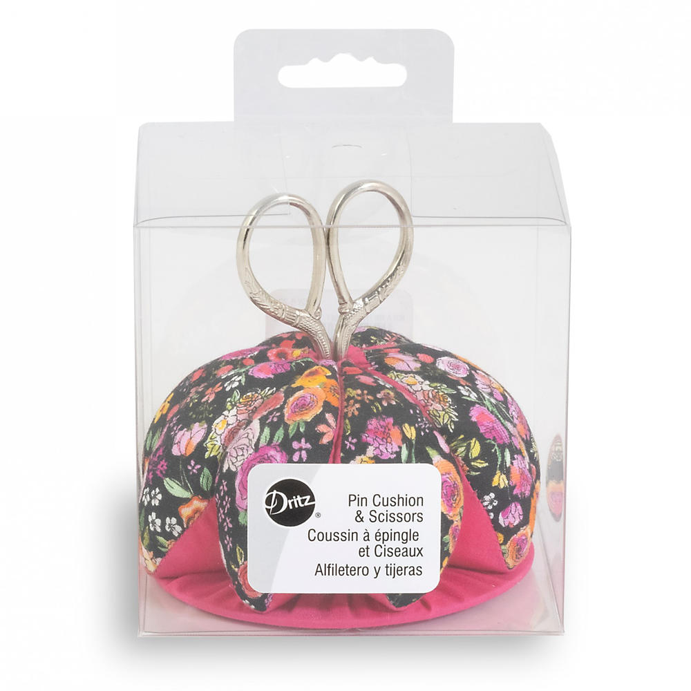 Dritz Black and Pink Floral Pin Cushion and Scissors