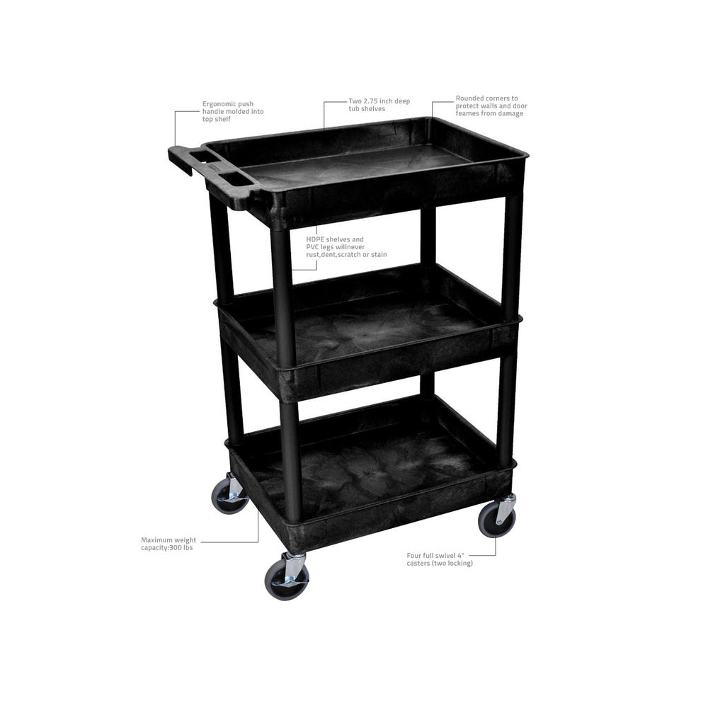 Offex Mobile Black Rolling Three Shelves Tub Cart