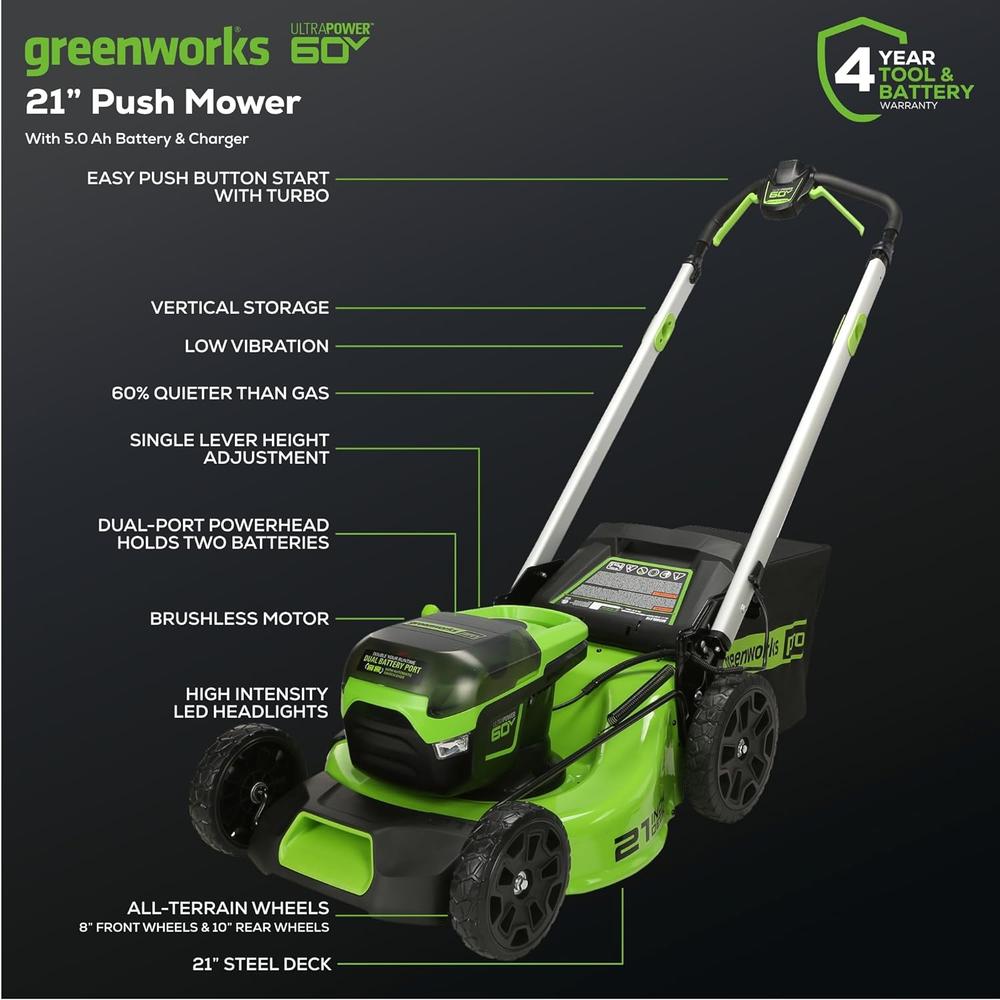 Greenworks 60V 21” Cordless (Push) Lawn Mower (LED Lights + Aluminum ...