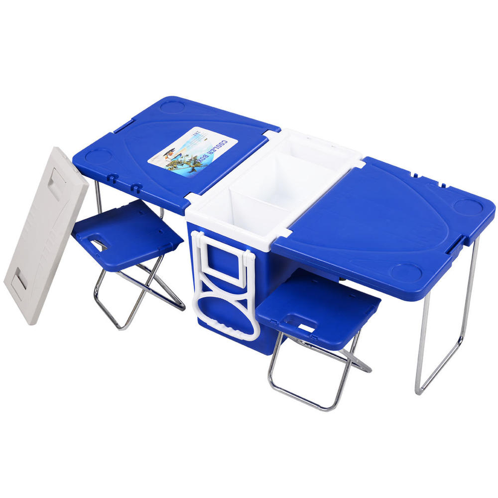 ConvenienceBoutique Outdoor Rolling Picnic Cooler Table with Chairs - Blue